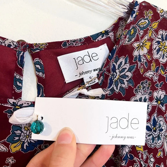 Jade by Johnny Was Maroon Floral Quarter Butterfly Sleeve Boho Mini Dress S NWT - Picture 6 of 10